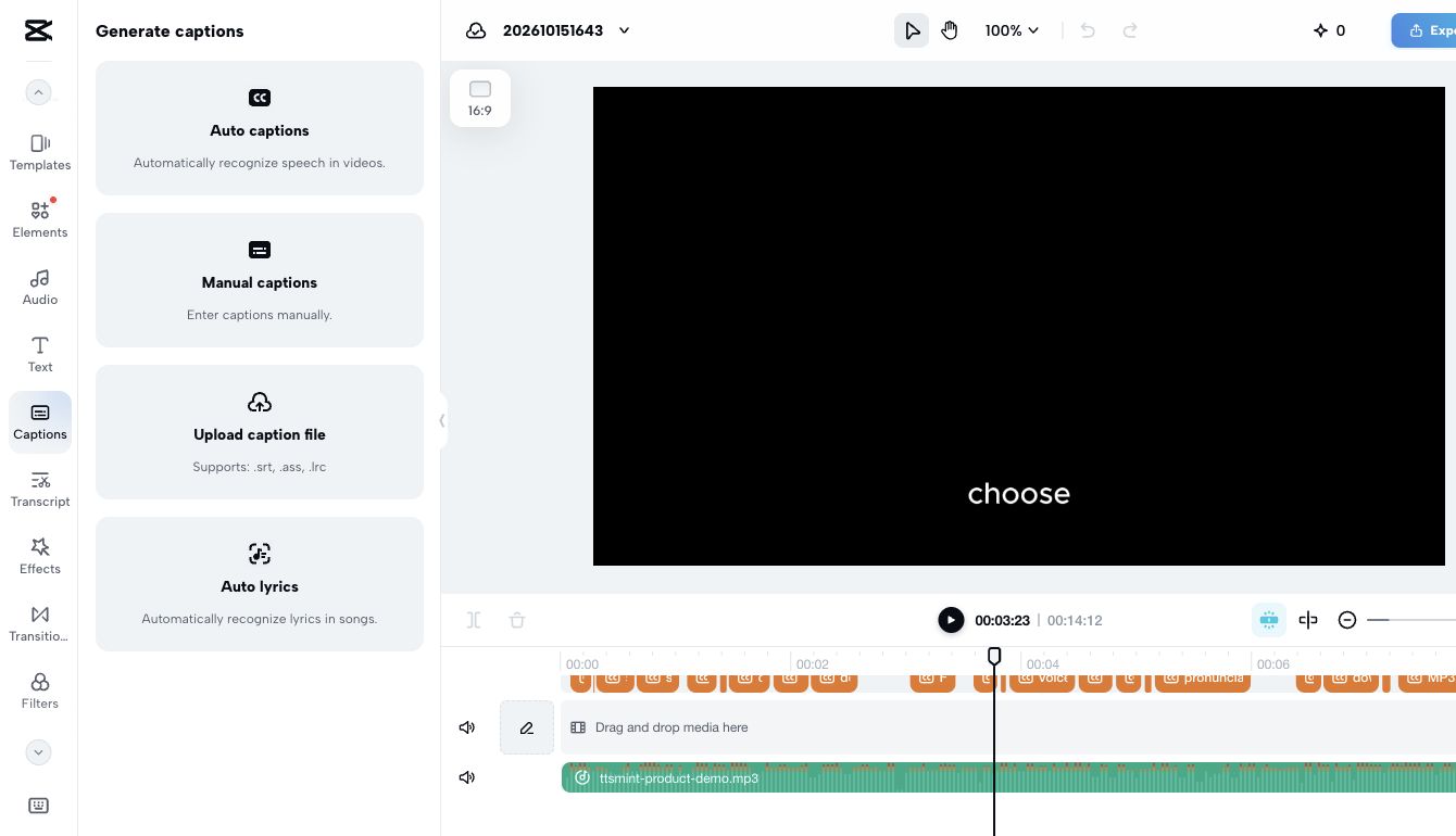 CapCut Web timeline with the imported audio clip aligned to the start