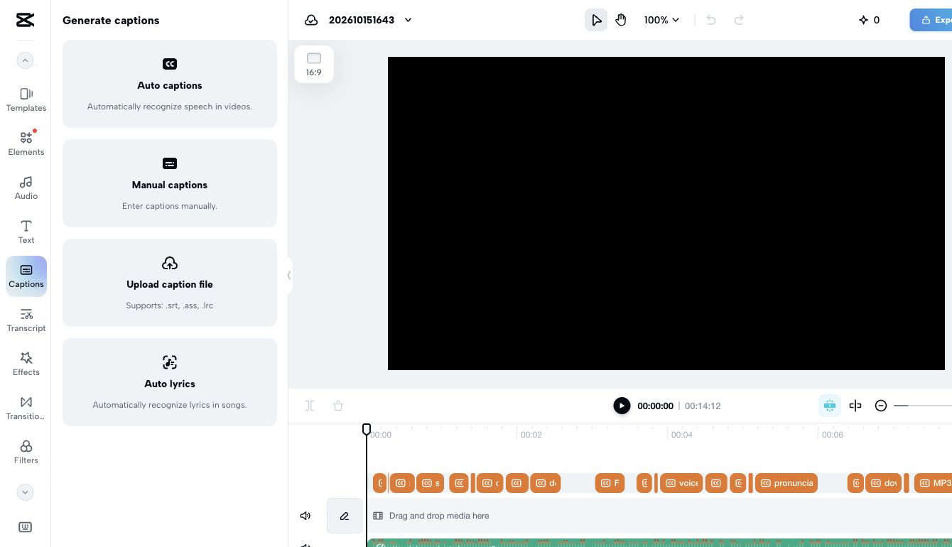 CapCut Web caption upload menu with imported word-level captions on the timeline