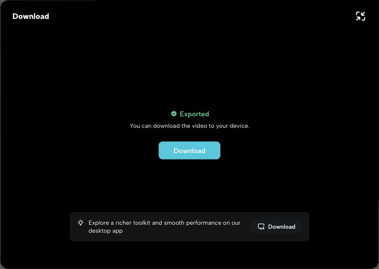 CapCut Web export completion screen after rendering the MP4